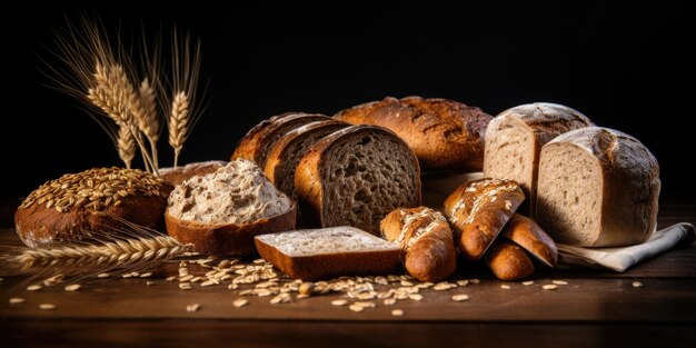 Foto una mesa con una variedad de panes y granos, incluyendo harina de avena de trigo y centeno