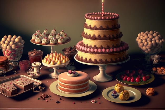 Mesa con variedad de tortas cupcakes galletas tartas y cakepops