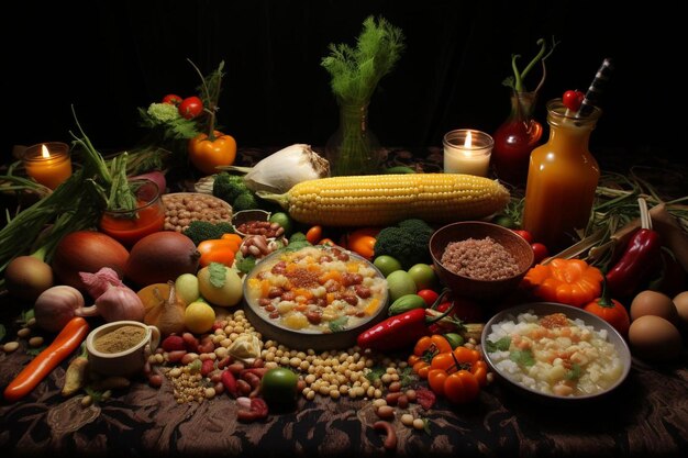 una mesa con una variedad de verduras, incluido el maíz, el maíz y otras verduras