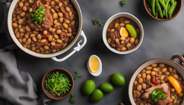 una mesa con varios cuencos de frijoles frijoles y una cuña de limón