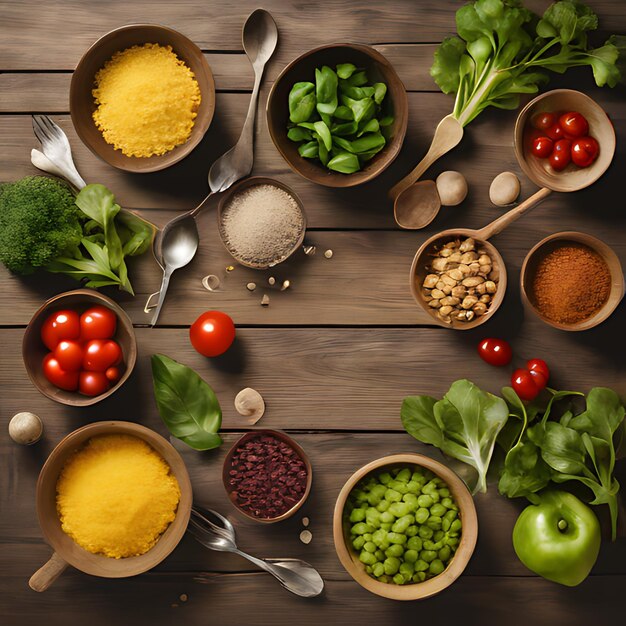 Foto una mesa con varios cuencos de verduras, incluidos tomates de brócoli y perejil