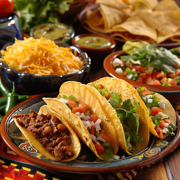 Foto una mesa con varios platos de tacos y tortillas en ella