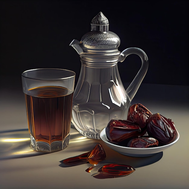 Una mesa con un vaso de té y una jarra.