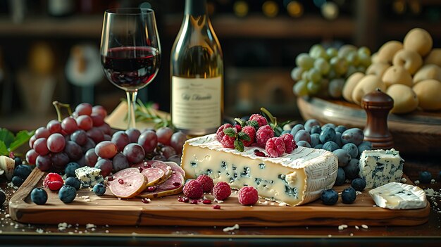 una mesa con un vaso de vino y queso