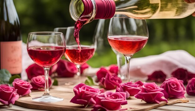 Foto una mesa con vasos de vino y una botella de vino y algunas rosas