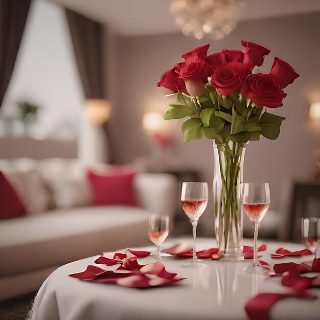 Foto una mesa con vasos de vino y un jarrón con rosas en él