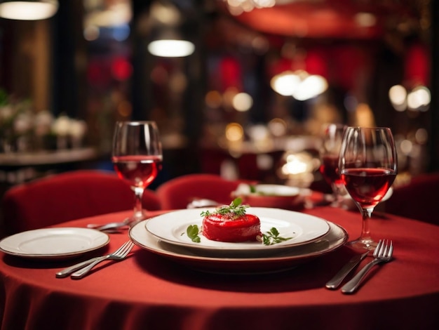 una mesa con vasos de vino y un plato de comida en ella