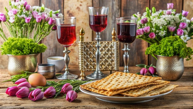 una mesa con vasos de vino y un plato de galletas con un vaso de vino y una placa de galletas