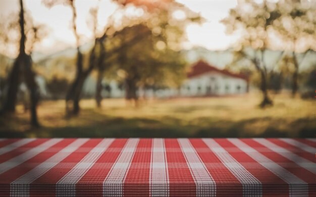 Foto mesa vazia com toalha de mesa a quadros vermelha em fundo de madeira gerada por ia