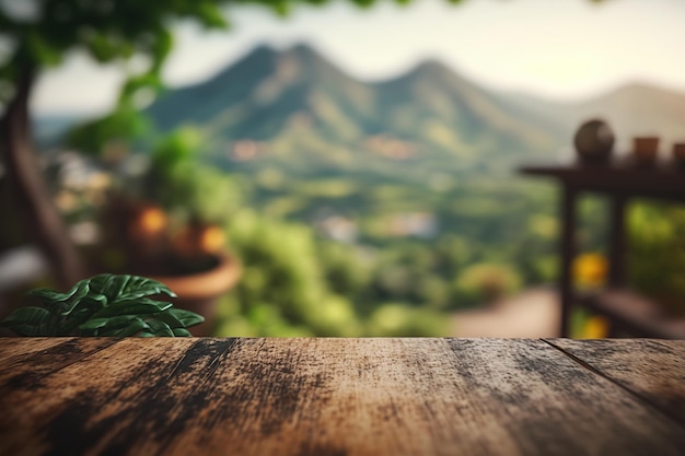 Mesa vazia de madeira com vista tropical e montanha