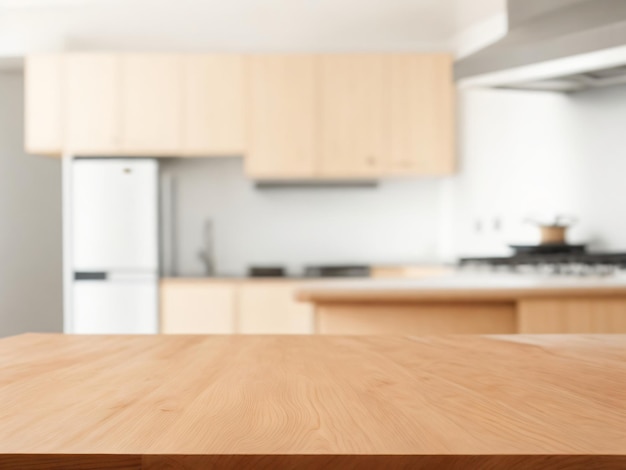 Mesa vazia de madeira na cozinha branca moderna Tabuleiro de madeira para publicidade de produtos alimentares