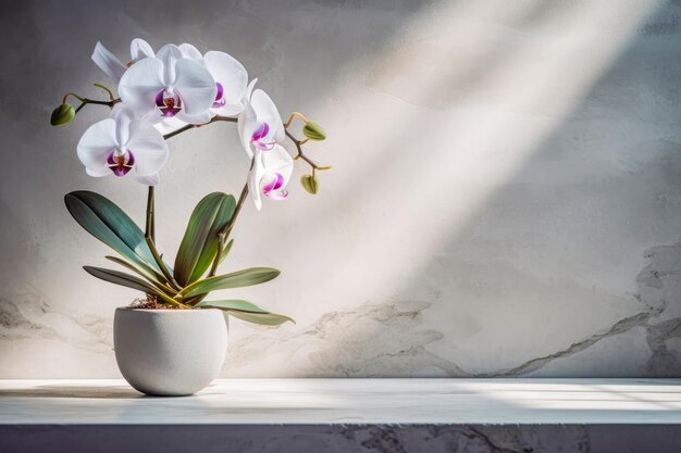 Mesa vazia de mármore para apresentação com flores de orquídea em vaso em frente à parede de mármore