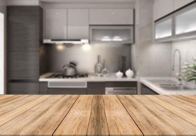 Mesa vazia de tábua de madeira com fundo de cozinha