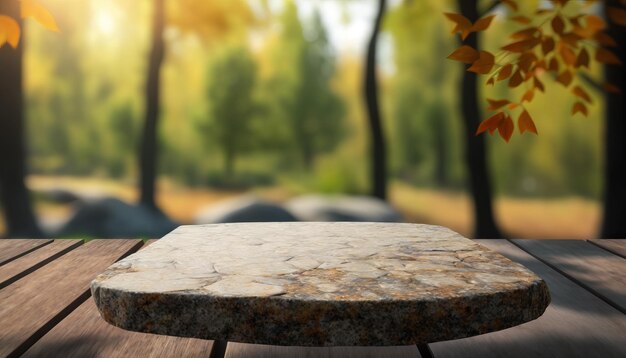 Mesa vazia de tábua de pedra em frente à perspectiva de fundo desfocado pedra marrom sobre árvores borradas na floresta Generative ai