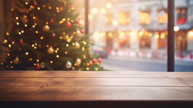 Mesa vazia na frente da árvore de Natal com decorações de fundo Para montagem de exibição de produtos