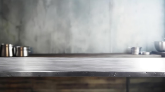 Mesa vazia trabalhada por IA com pano de fundo de cozinha de restaurante moderno desfocado