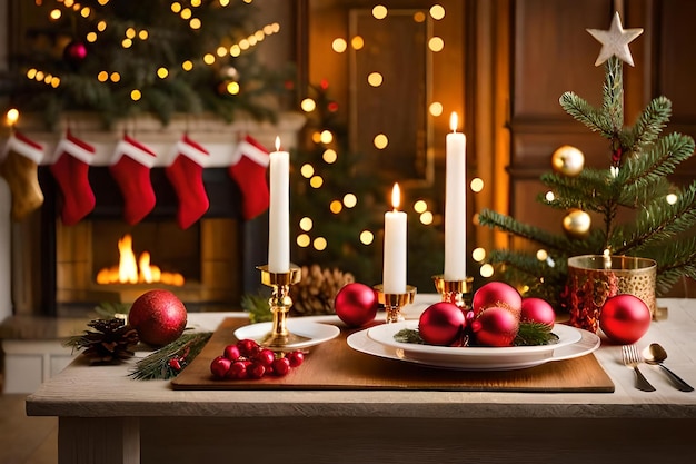 Una mesa con una vela, un árbol de navidad y una vela.