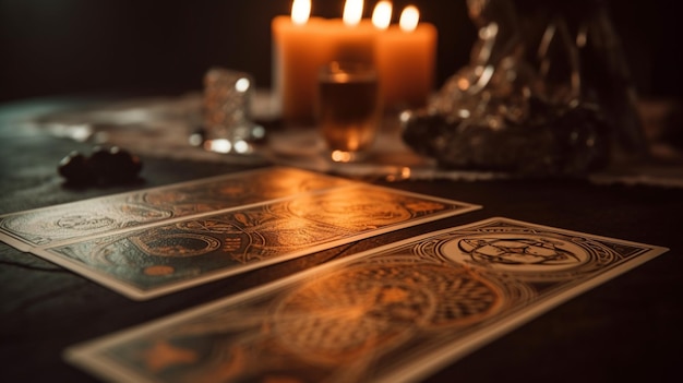 Una mesa con una vela y cartas encima.