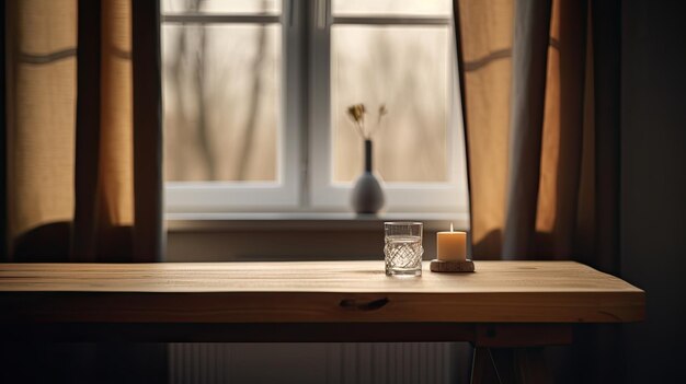 Una mesa con una vela delante de una ventana.