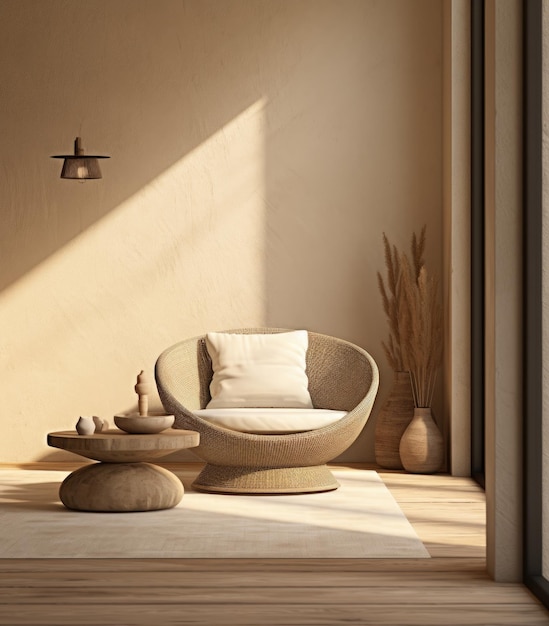una mesa con una vela y dos grandes almohadas blancas al lado de una pared de color marrón de silla de estar