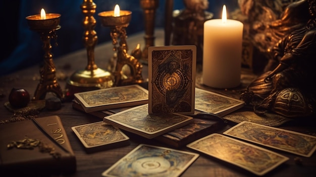 Una mesa con una vela encendida y una carta del tarot sobre ella