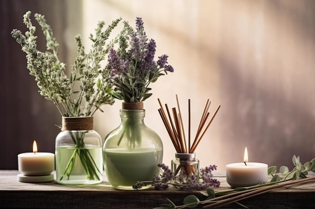 Una mesa con una vela y flores encima.