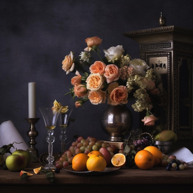 Una mesa con una vela y flores encima.