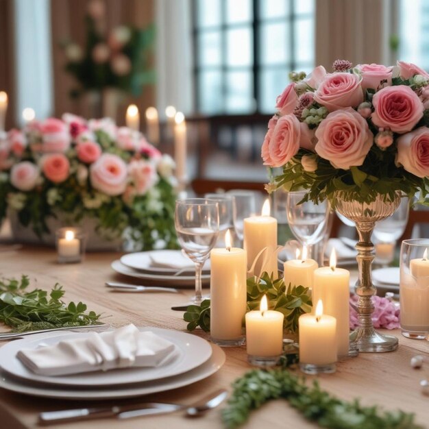 una mesa con una vela y flores y velas en ella