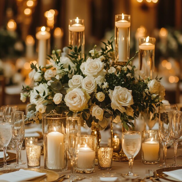 una mesa con una vela flores velas y velas