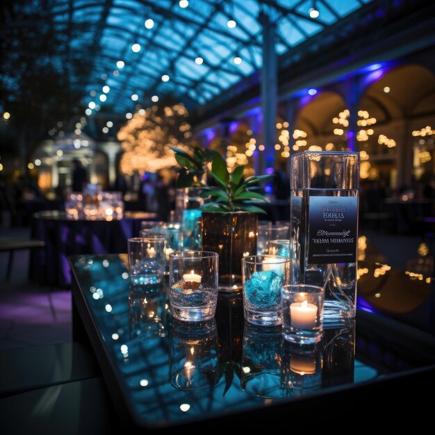 una mesa con una vela y un jarrón de cristal con una planta