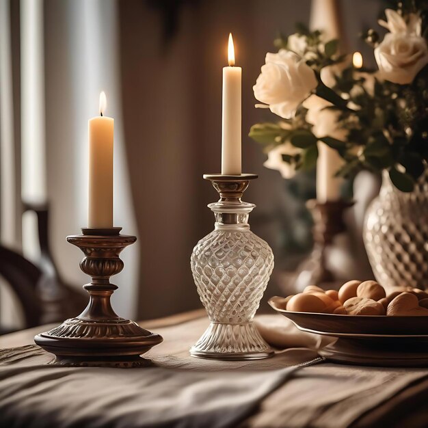 Foto una mesa con una vela y un jarrón con una vella en ella