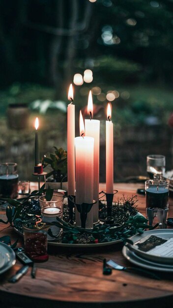 Foto una mesa con una vela que dice 