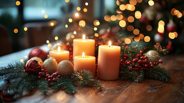 una mesa con velas y un árbol de Navidad en ella