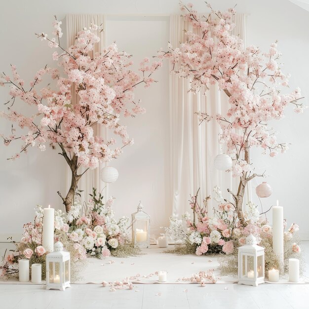 una mesa con velas y un árbol con una vela en el medio