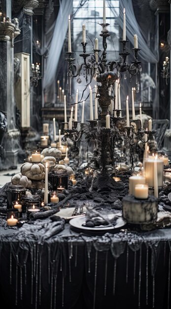 una mesa con velas, calaveras y otros elementos en la parte central de la mesa es un candelabro antiguo