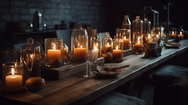 Una mesa con velas y una copa de vino encima.