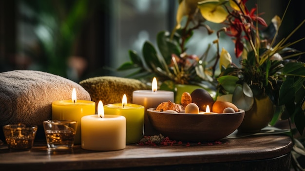 Mesa con velas y cuenco de frutas