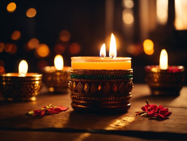 Mesa con velas y decoración del Festival de Diwali