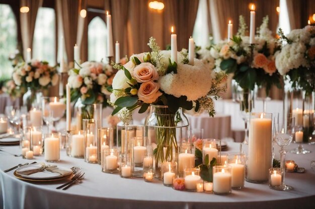 una mesa con velas y flores en ella y un jarrón con flores en ella