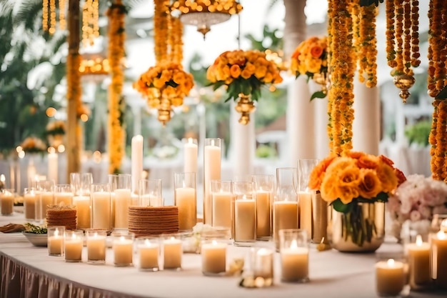 Una mesa con velas y flores en ella