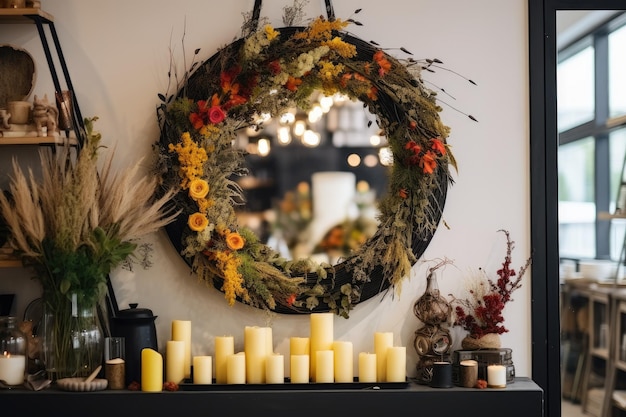 Una mesa con velas y flores encima.