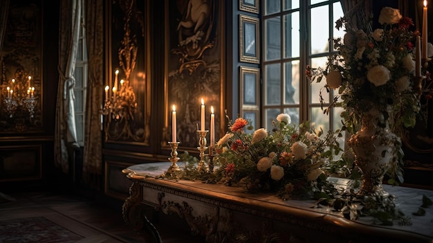 Una mesa con velas y flores encima.