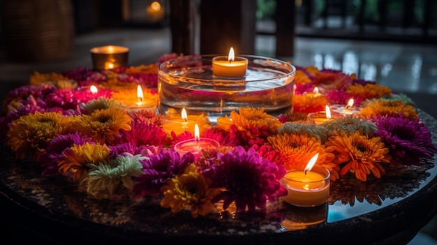 Una mesa con velas y flores encima.