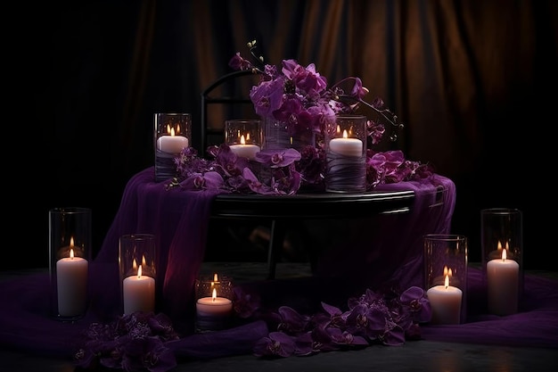 Una mesa con velas y flores moradas.