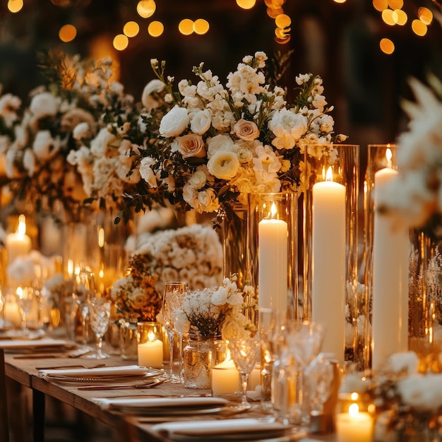 una mesa con velas y flores y velas en ella