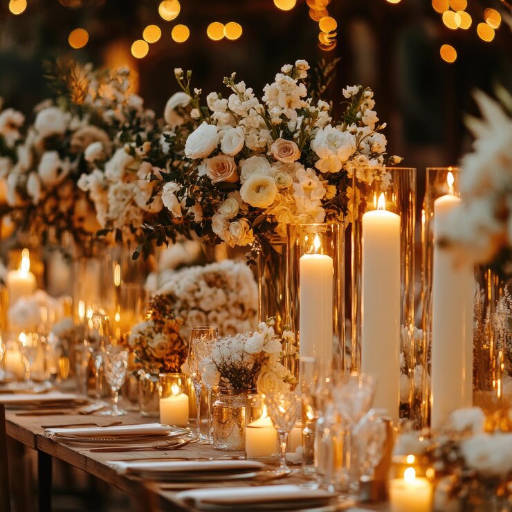una mesa con velas y flores y velas en ella