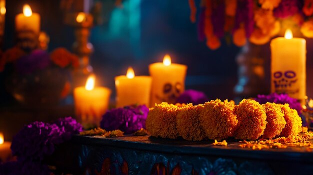 una mesa con velas y flores y velas con el número 6 en ella