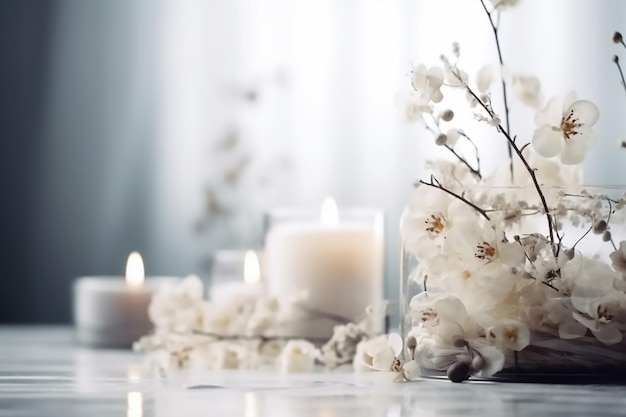 Una mesa con velas y flores.