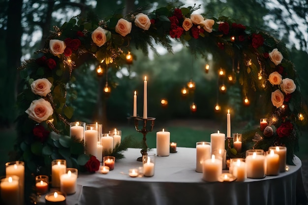 Una mesa con velas y flores.