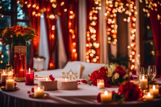 Foto una mesa con velas y un jarrón con una vela que dice boda en ella